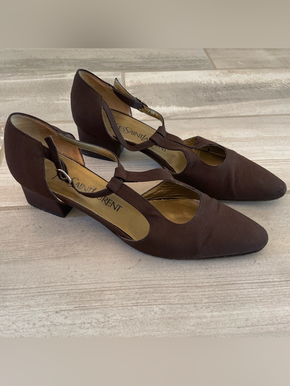 VTG Yves Saint Laurent YSL Brown Fabric Low Block Heel Pumps T-Strap Shoes 6.5N